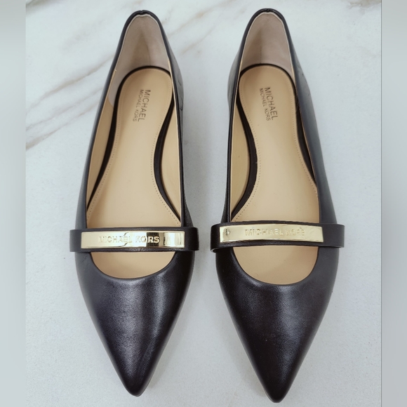 MICHAEL Michael Kors Black Leather Pointed Toe Mary Jane Ballet Flats, Sz 6 - Picture 1 of 11